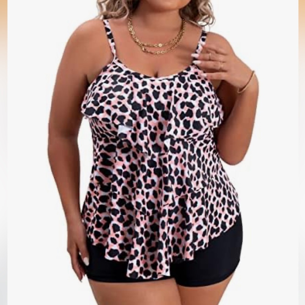 B2prity Plus Size Tankini Tummy Control Bathing Suit Ruffled Flounce w/Shorts